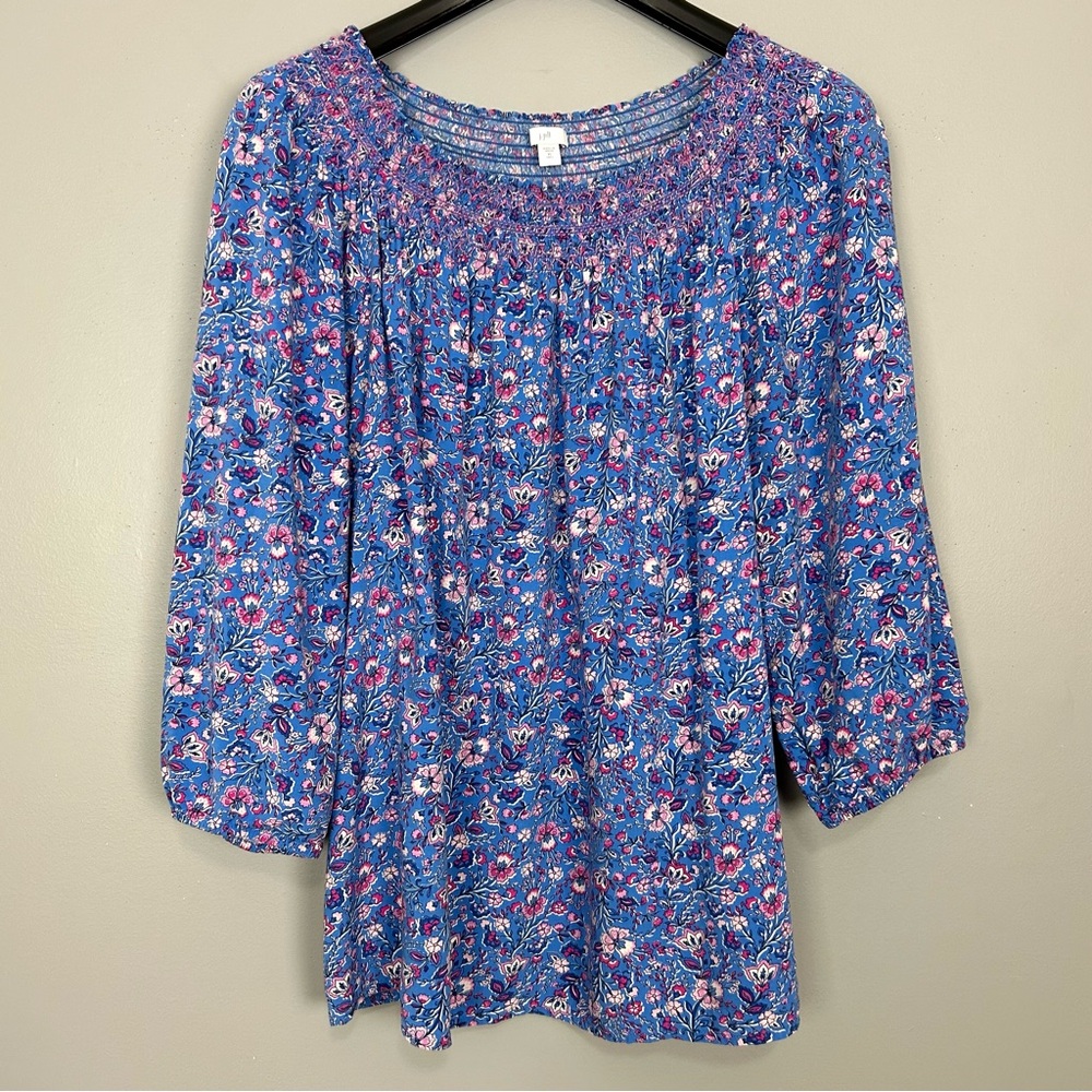 J. Jill Smocked Peasant Blouse Women’s Size XL Tall Puff Sleeves Floral Boho